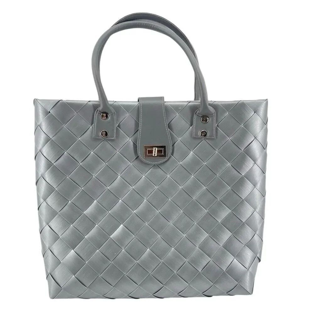 Woven Gray Tote Bag Turn Lock Closure Double Handle Large Carryall